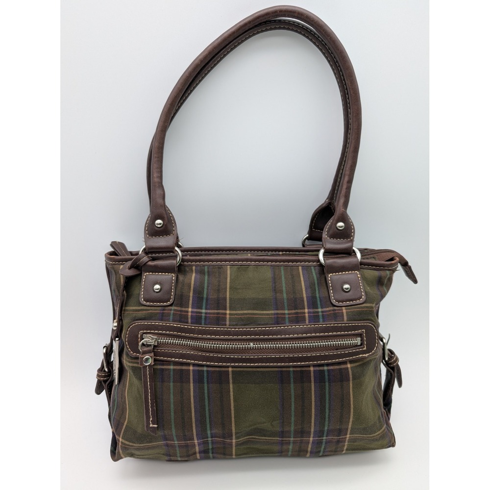 Chaps Olive Green Plaid Canvas Shoulder Bag Brown Trim Buckle Detail Pocket